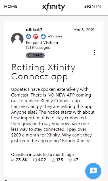 is xfinity connect app going away